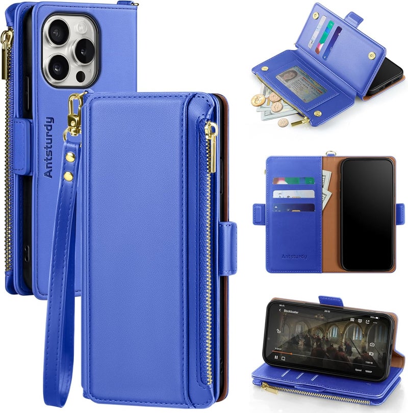 Antsturdy Compatible with iPhone 16 Pro Max Wallet Case,RFID Blocking PU Leather Phone Case Women Men Kickstand flip Cover Wrist Strap Zipper Credit Card Holder Slots for Apple 16 ProMax,Purple Blue - Image 1